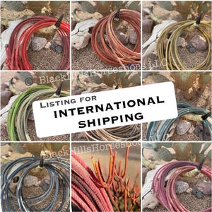 May include: A collection of coiled ropes in various colours including red, orange, yellow, green, blue, grey, and pink. Each rope is displayed draped over a steer skull. The image includes text that reads Listing for International Shipping.