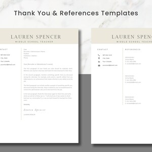 K&ouml;nnte beinhalten: Eine Dankes- und Referenzvorlage f&uuml;r eine Mittelschullehrerin namens Lauren Spencer. Die Vorlage enth&auml;lt Kontaktinformationen und ein Beispiel f&uuml;r ein Dankesschreiben. Der Referenzbereich bietet Platz f&uuml;r drei Referenzen mit ihren Kontaktinformationen.