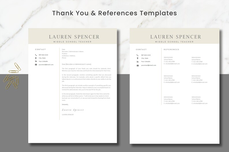 K&ouml;nnte beinhalten: Eine Dankes- und Referenzvorlage f&uuml;r eine Mittelschullehrerin namens Lauren Spencer. Die Vorlage enth&auml;lt Kontaktinformationen und ein Beispiel f&uuml;r ein Dankesschreiben. Der Referenzbereich bietet Platz f&uuml;r drei Referenzen mit ihren Kontaktinformationen.