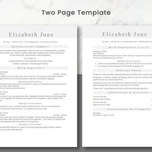 May include: A two-page resume template with a gray background and black text. The template is designed for a job seeker named Elizabeth June. The resume includes sections for qualifications summary, work experience, relevant skills, affiliations & activities, and professional development.