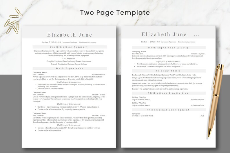 May include: A two-page resume template with a gray background and black text. The template is designed for a job seeker named Elizabeth June. The resume includes sections for qualifications summary, work experience, relevant skills, affiliations & activities, and professional development.