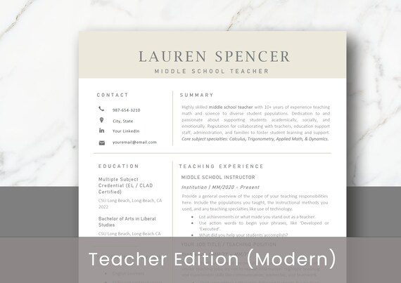 Teacher Resume Template for Word, Pages - Teacher Resume - Teacher Resume & Cover Letter - Resume Teacher - Education Resume