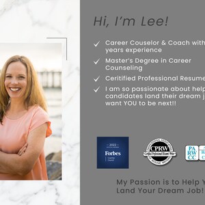 May include: A woman smiles and stands with her arms crossed in front of a beach background. The text "Hi, I'm Lee!" is at the top of the image. Below the woman's photo is a list of qualifications, including "Career Counselor & Coach with +20 years experience", "Master's Degree in Career Counseling", "Certified Professional Resume Writer", and "I am so passionate about helping candidates land their dream job. I want YOU to be next!!". The text "My Passion is to Help You Land Your Dream Job!" is at the bottom of the image. There are three logos: Forbes, CPRW, and PA RW CC.