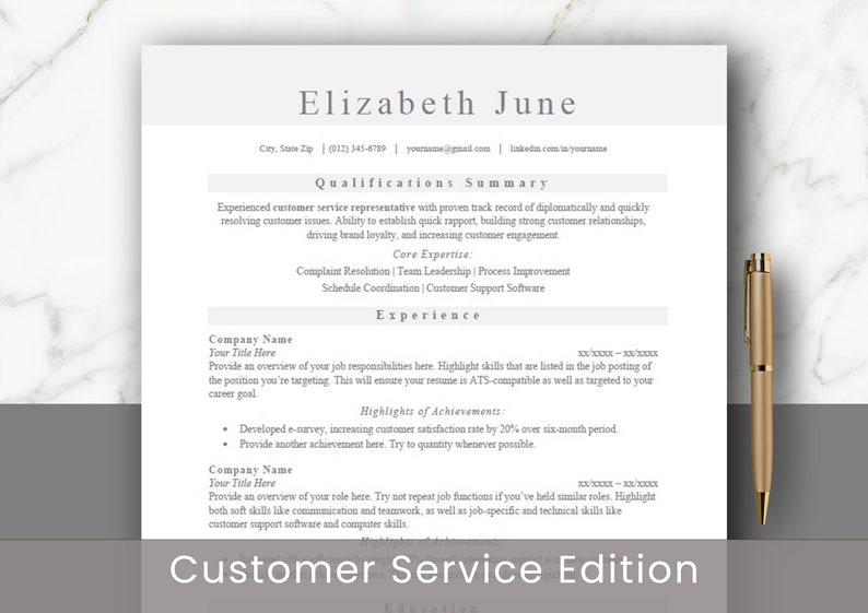 May include: A resume template for a customer service professional. The template includes sections for qualifications, experience, and highlights of achievements. The text "Customer Service Edition" is at the bottom of the page.