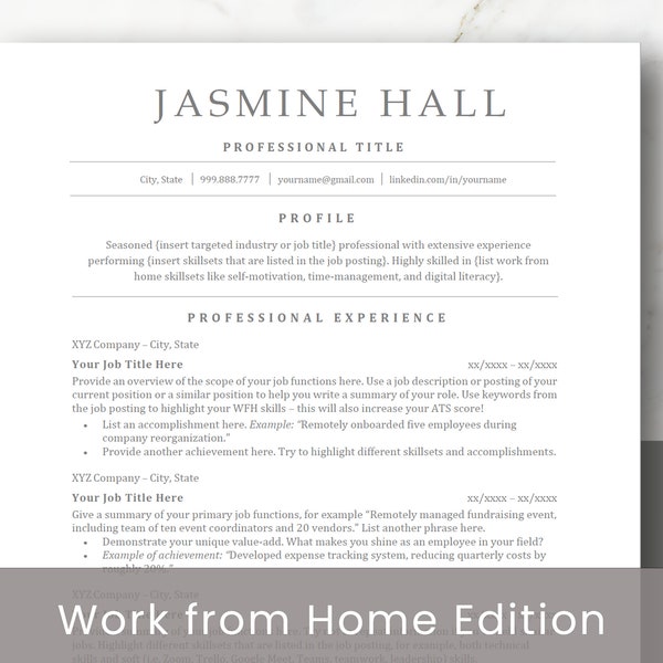 Work from Home Job Resume - Resume Template for Word - Resume Template for Google Docs - ATS Resume Template - Work from Home Resume Skills