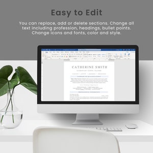 May include: A computer screen displaying a resume template in Microsoft Word. The resume is for Catherine Smith, Elementary School Teacher. The template is easy to edit and customize.