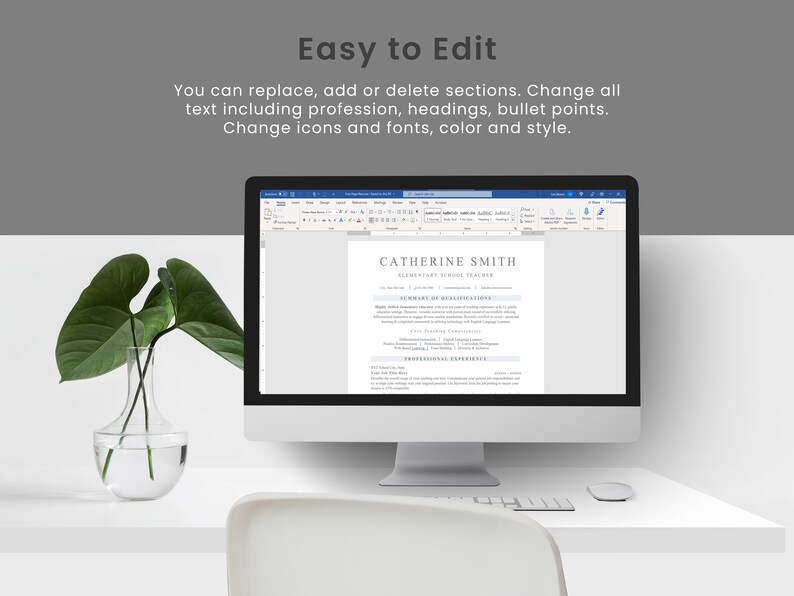 May include: A computer screen displaying a resume template in Microsoft Word. The resume is for Catherine Smith, Elementary School Teacher. The template is easy to edit and customize.