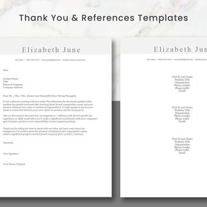 May include: A thank you and references template for job seekers. The template includes a sample letter with a professional layout and a section for listing references.