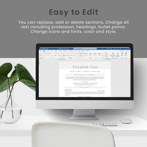 May include: A computer screen displaying a resume template in Microsoft Word. The resume is for Elizabeth June and includes a qualifications summary and experience section.
