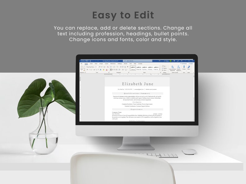 May include: A computer screen displaying a resume template in Microsoft Word. The resume is for Elizabeth June and includes a qualifications summary and experience section.