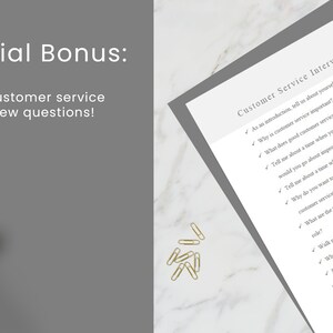 May include: A white sheet of paper with a checklist of customer service interview questions. The questions are written in black ink with check marks next to each question. The paper is on a white marble surface with gold paper clips scattered around it.
