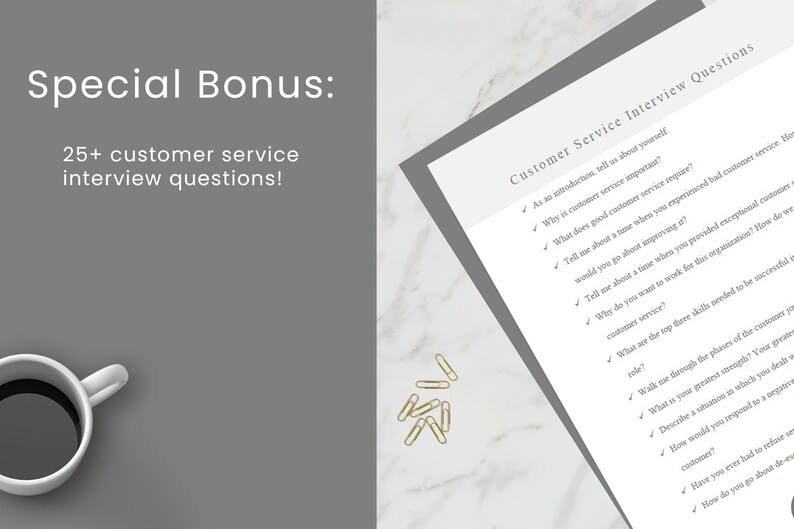 May include: A white sheet of paper with a checklist of customer service interview questions. The questions are written in black ink with check marks next to each question. The paper is on a white marble surface with gold paper clips scattered around it.