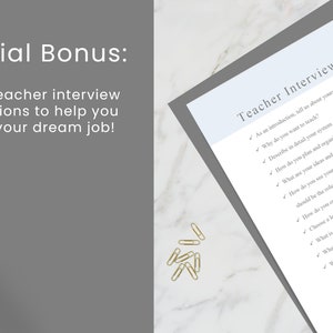 May include: A white sheet of paper with a blue header that reads "Teacher Interview Questions". The paper is filled with a checklist of interview questions for teachers. The paper is on a white marble surface with gold paper clips scattered around it.