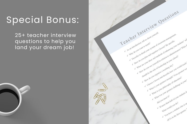 May include: A white sheet of paper with a blue header that reads "Teacher Interview Questions". The paper is filled with a checklist of interview questions for teachers. The paper is on a white marble surface with gold paper clips scattered around it.