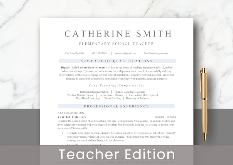 May include: A resume template designed for elementary school teachers. The template features a gray and white color scheme with a professional and modern design. The text "Teacher Edition" is displayed in a large font at the bottom of the page.