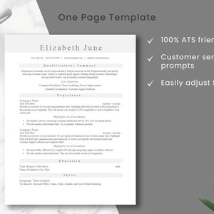 May include: A one-page resume template with a gray background and white text. The template is designed to be ATS friendly, includes customer service writing prompts, and allows for easy font and color adjustments.