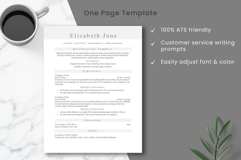 May include: A one-page resume template with a gray background and white text. The template is designed to be ATS friendly, includes customer service writing prompts, and allows for easy font and color adjustments.