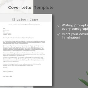 May include: A white cover letter template with the title "Cover Letter Template" and the name "Elizabeth June" at the top. The template includes writing prompts for each paragraph and instructions to craft a cover letter in minutes.