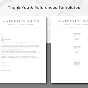 May include: A black and white printable thank you and reference template for an elementary school teacher. The template includes space for the teacher's name, title, contact information, and a personalized message.