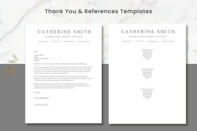 May include: A black and white printable thank you and reference template for an elementary school teacher. The template includes space for the teacher's name, title, contact information, and a personalized message.