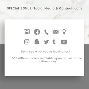 K&ouml;nnte beinhalten: Eine wei&szlig;e Karte mit grauen Symbolen f&uuml;r soziale Medien und Kontaktinformationen. Die Symbole umfassen E-Mail, Facebook, Telefon, Standort, Instagram, Snapchat, Twitter, Tumblr und YouTube. Der Text auf der Karte lautet "SPECIAL BONUS: Social Media & Contact Icons" und "Sie finden nicht, wonach Sie suchen? 500 verschiedene Icons auf Anfrage ohne zus&auml;tzliche Kosten!"