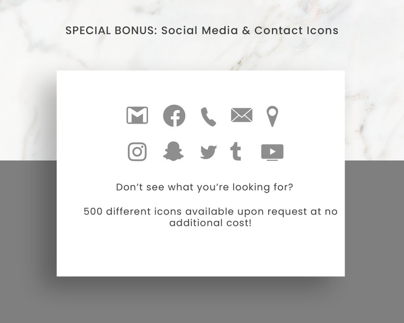 K&ouml;nnte beinhalten: Eine wei&szlig;e Karte mit grauen Symbolen f&uuml;r soziale Medien und Kontaktinformationen. Die Symbole umfassen E-Mail, Facebook, Telefon, Standort, Instagram, Snapchat, Twitter, Tumblr und YouTube. Der Text auf der Karte lautet "SPECIAL BONUS: Social Media & Contact Icons" und "Sie finden nicht, wonach Sie suchen? 500 verschiedene Icons auf Anfrage ohne zus&auml;tzliche Kosten!"
