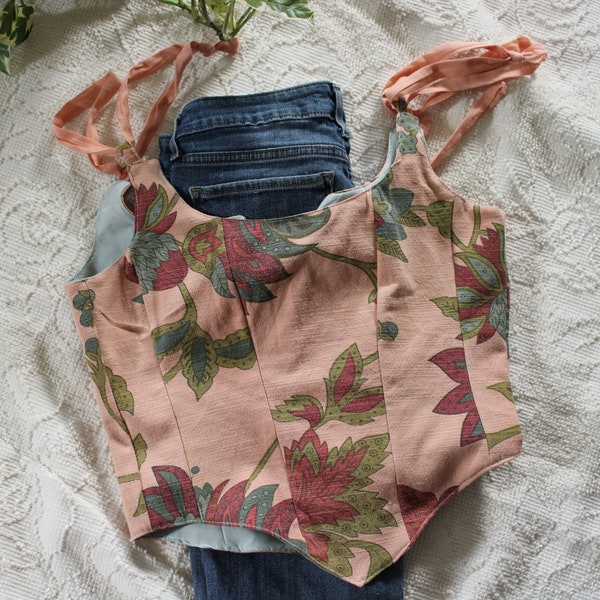 Peach Corset Top (M) Upcycled Thrifted Fabric Woodland Cottage Fairy Farm Core Top Size Medium