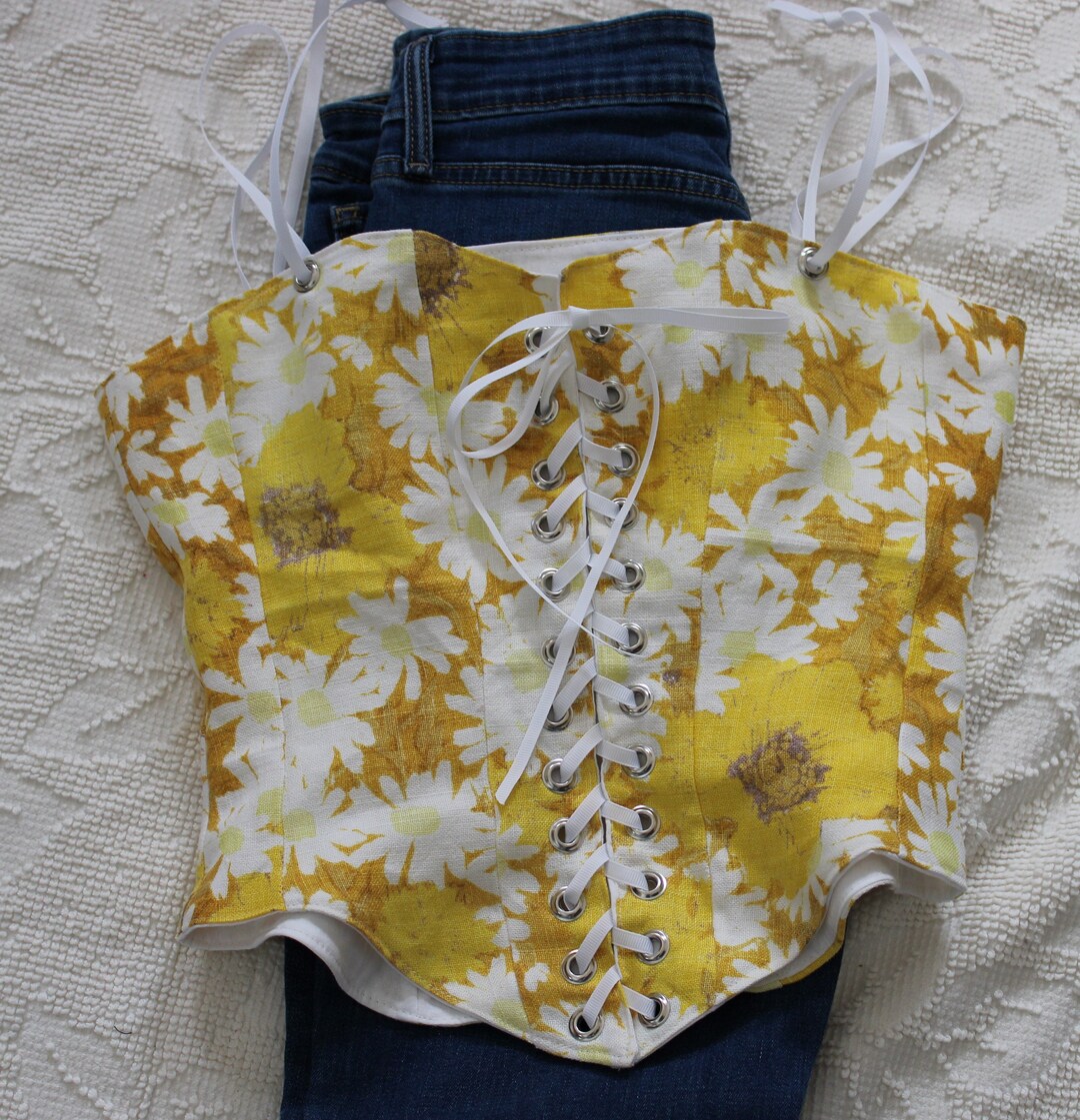 Yellow Floral Corset Top XS Upcycled Woodland Cottage Flower Garden