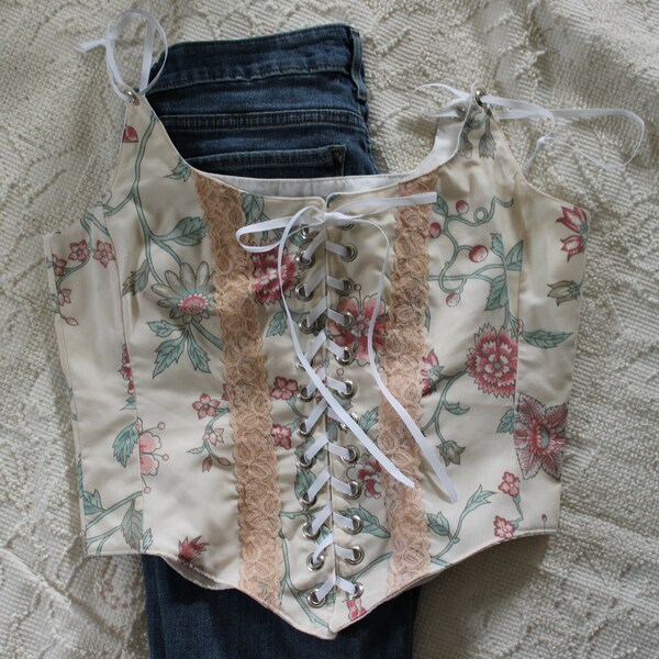 Peach Corset Top (M) With Vintage Lace Upcycled Thrifted Fabric Woodland Cottage Fairy Farm Core Top Size Medium