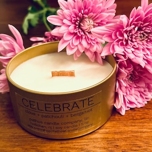 CELEBRATE Soy Candle | Aromatherapy | Clove Patchouli Bergamot | Handmade | Scented | Pathos Candle Company