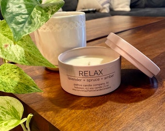 RELAX Soy Candle | Aromatherapy | Lavender Spruce Amber | Handmade | Scented | Pathos Candle Company