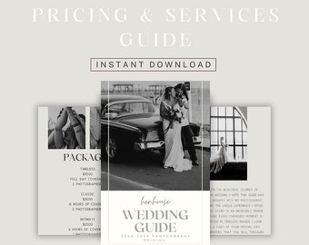 Guía de precios para fotógrafos, plantilla de precios y servicios de fotografía de bodas, plantilla de precios de fotografías, folleto minimalista de Canva para bodas