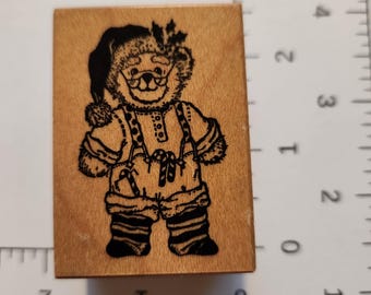 Sello navideño de oso de peluche vintage – Herramienta para manualidades navideñas con oso montado en madera PSX