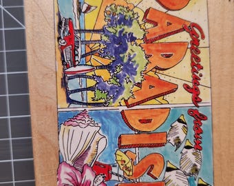 Sello de goma All Night Media Paradise – Collage de playa tropical para álbumes de recortes de viaje (4"x5")