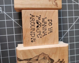 ¿Quieres dar una vuelta como un alce? – Sello divertido de animales para manualidades – Lote de sellos montados en madera de los años 90