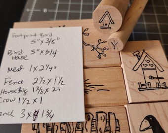 Sellos de caucho vintage de Judith: escenas naturales de jardín rústico con casita para pájaros, cuervo y valla