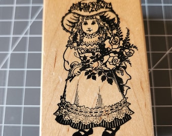 Sello de goma de chica victoriana de PSX – Material para diarios de estilo cottagecore con montura de madera vintage