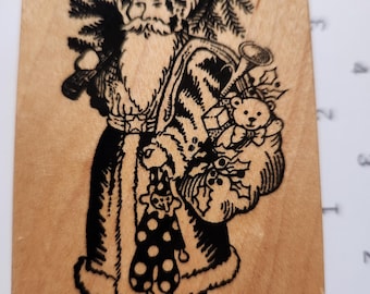 Sello de goma vintage de Papá Noel – Papá Noel victoriano con saco de juguetes – Sello montado en madera PSX