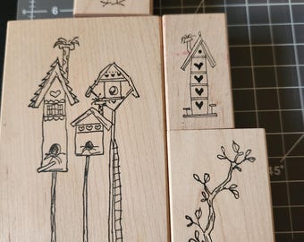 Set de sellos de goma "Casa de pájaros caprichosa" - Sellos de madera para manualidades de jardín