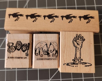 Sellos de goma de Halloween: borde de cuervo, mano de zombi, murciélago, rosas, Boo – Materiales para manualidades góticas