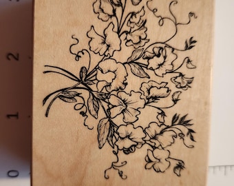 Sello de goma floral vintage – Ramo de guisantes de olor – 1995 PSX, montado en madera.
