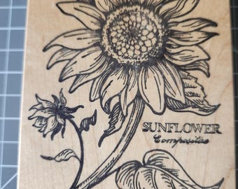 Sello de goma vintage de girasol para PSX K-C25, con montaje de madera y diseño botánico para jardín y manualidades.