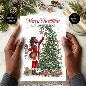 Svart julkort med tomtemotiv | Afrocentrisk dreadlocks-present | Personlig namntext | Rasta-tomte | Anpassad