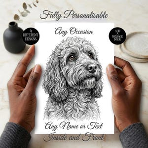 Op de afbeelding: Een witte wenskaart met een gedetailleerde zwart-wit lijntekening van een hond met krullend haar. De kaart bevat de tekst Fully Personable, Any Occasion, 4 DIFFERENT DESIGNS, ADD A MESSAGE INSIDE en Any Name or Text Inside and Front.