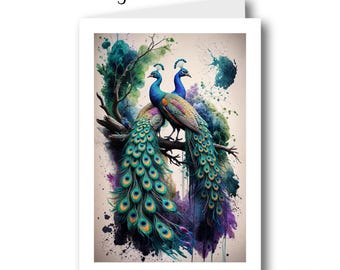 Personalised Peacock Greeting Card, Colourful Birthday Card, Colorful Wildlife Note Card. Blank inside,