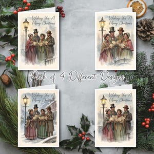 Könnte beinhalten: Ein Set aus vier Weihnachtsgrußkarten, die jeweils eine Aquarellillustration von vier Personen zeigen, die unter einer Straßenlaterne Weihnachtslieder singen. Der Text 'Wishing You A Merry Christmas' ist oben auf jeder Karte aufgedruckt.