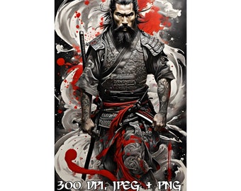 Samurai Warrior T-shirt Design, T-Shirt POD Design, Sublimation, PNG, Digital Download, male, JPEG, Instant Download, 300dpi,