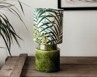 Pistachio/Green handglazed bedside ceramic lamp with Jungle/Leaf themed fabric shade