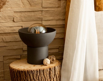 Round modern handmade blackish - greyish clay table lamp
