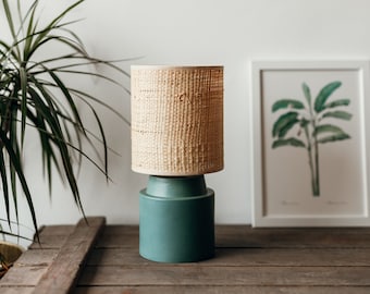 Green Matte Stoneware Table Lamp: Raffia or white Shade Bedside Lighting